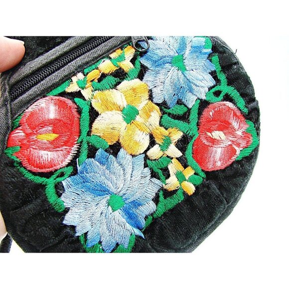 Hand Embroidered Velvet Mini Crossbody Bag Purse Multicolor Floral Stitched Flat - Picture 11 of 12
